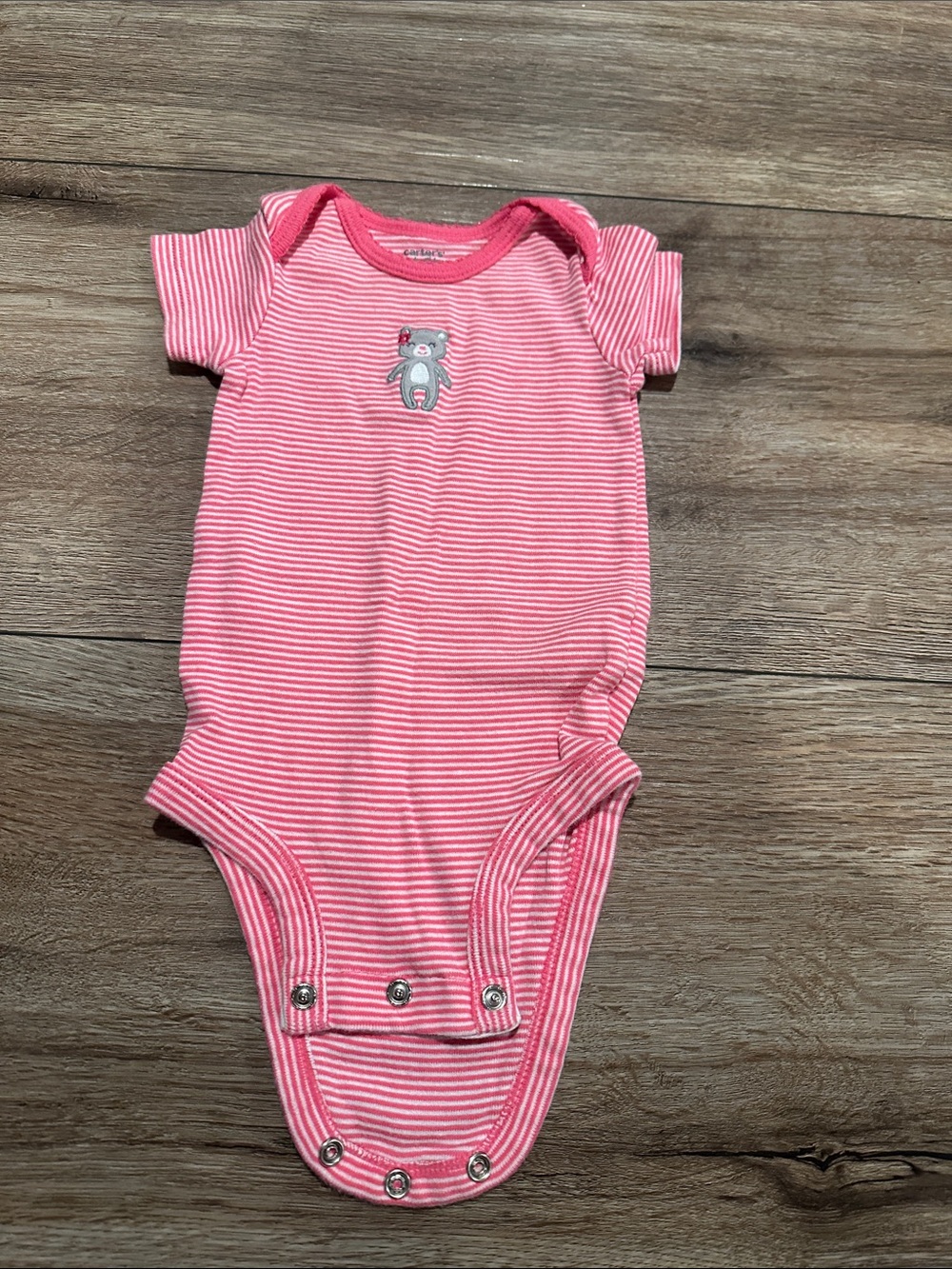 Carter’s Baby Girl Pink Stripe Bear Bodysuit Onesie | Short Sleeve | 6M